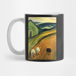 Colourful oil painting of a farm with sheep Mug